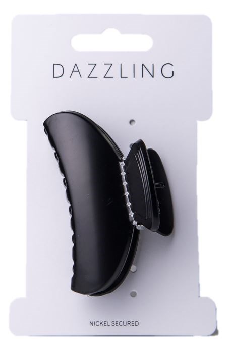 Ett svart hårklämma på vit förpackning, märkt 'Dazzling' och 'Nickel Secured'.
