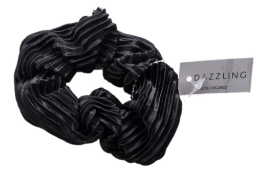 A black, velvety scrunchie with ribbed texture and a Dazzling security tag attached.