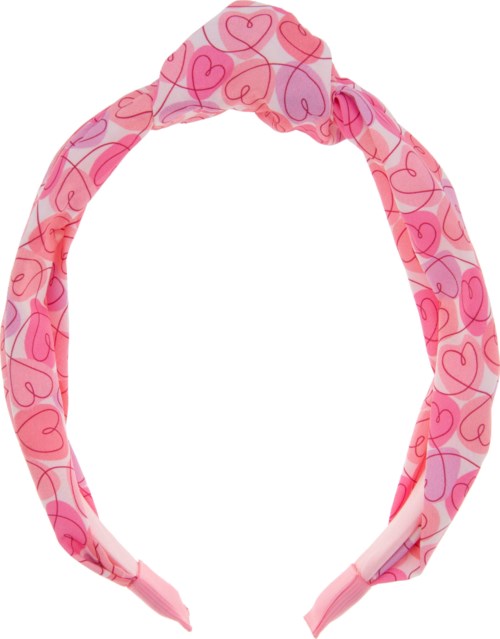 En rosa hodebånd med hjerte mønster, bundet foran, for jenter eller kvinner.
