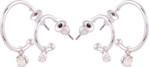 Silver hoop earrings with small clear stones hanging from each hoop.