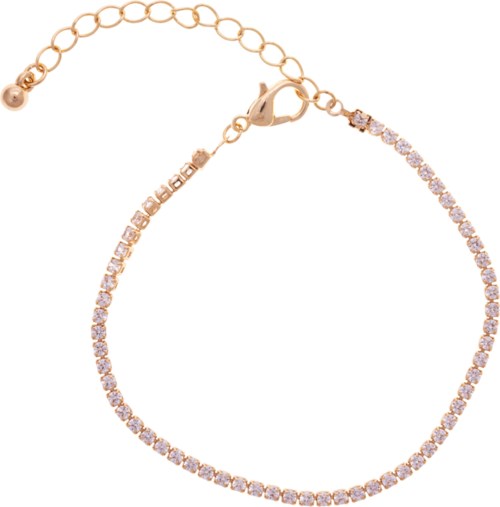 A delicate gold bracelet with sparkling stones, and an extension chain with a small ball.