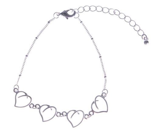 A silver bracelet with five heart-shaped charms and adjustable chain. It has a lobster clasp closure.