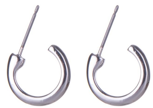 Metal earrings with a small hook design, shiny and silver in color.