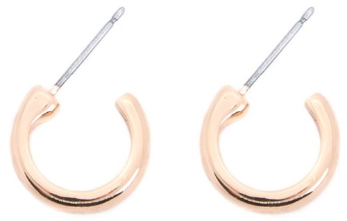 Pink hoop earrings with metal posts are shown, two are side by side, on a white background.