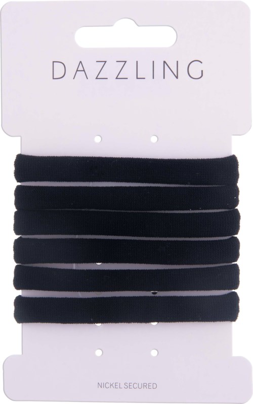 Ett paket med svarta hårband märkt 'Dazzling' på vit kartong.