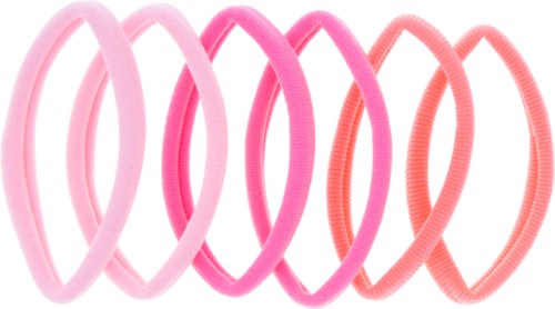 Sex färgglada hårband i rosa och röda nyanser är ordnade i en rad.