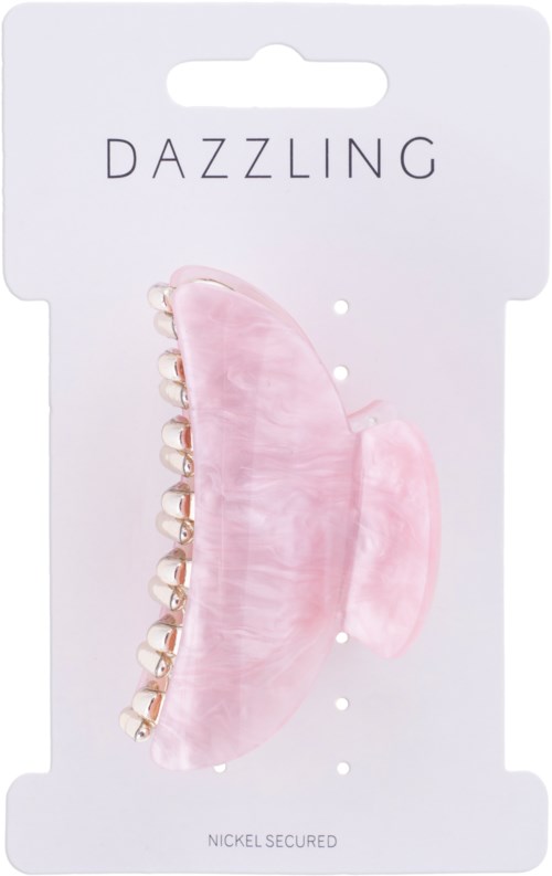 En rosa fløyels hårklemme med perlepynt på et hvitt kort som sier 'Dazzling' og 'Nickel Secured'.