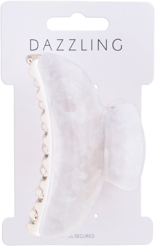 Ett set vita pärlklämmor på ett kort med ordet "DAZZLING". Klämmorna är formade som månar och stjärnor.
