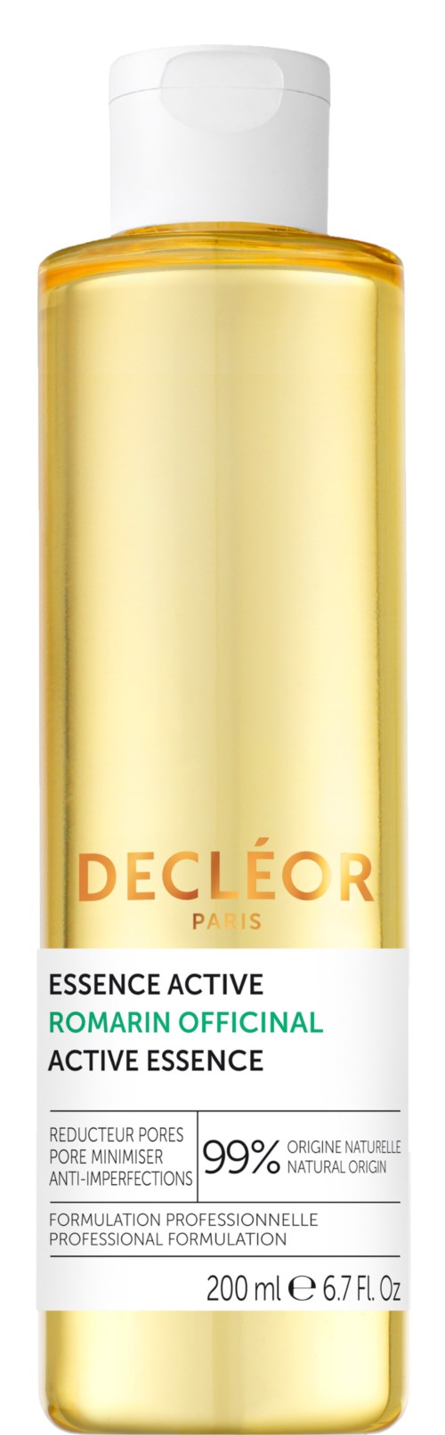 En gul flaska med Decléor Active Essence med vit lock, märkt med produktinformation, inklusive naturligt ursprung och porreducering.
