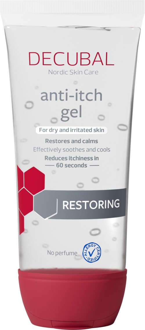 A white tube of Decubal anti-itch gel for dry skin, with a red cap and hexagon design, marked 'Restoring'.