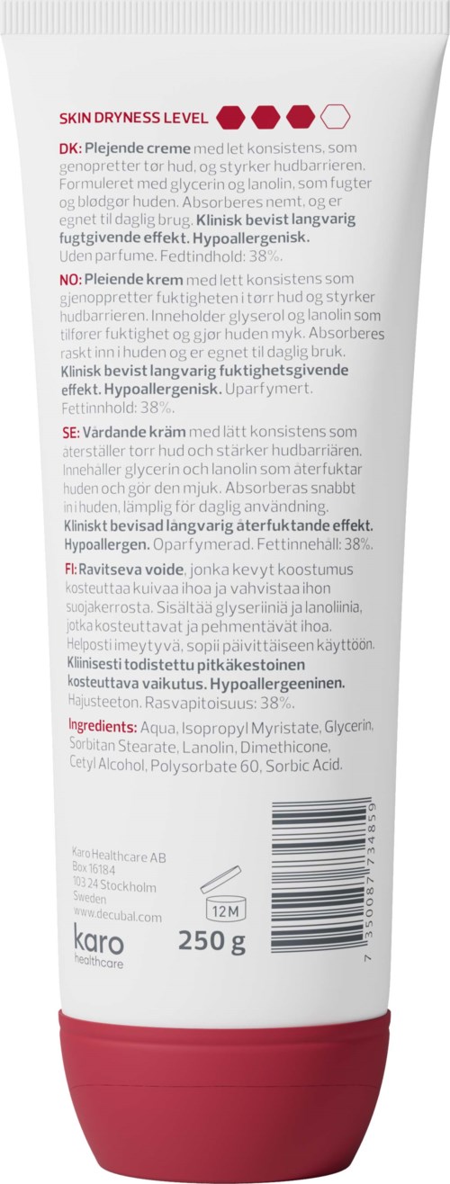 En vit tub med rosa lock som visar text om hudtorrhet, ingredienser och användningsinstruktioner på flera språk.