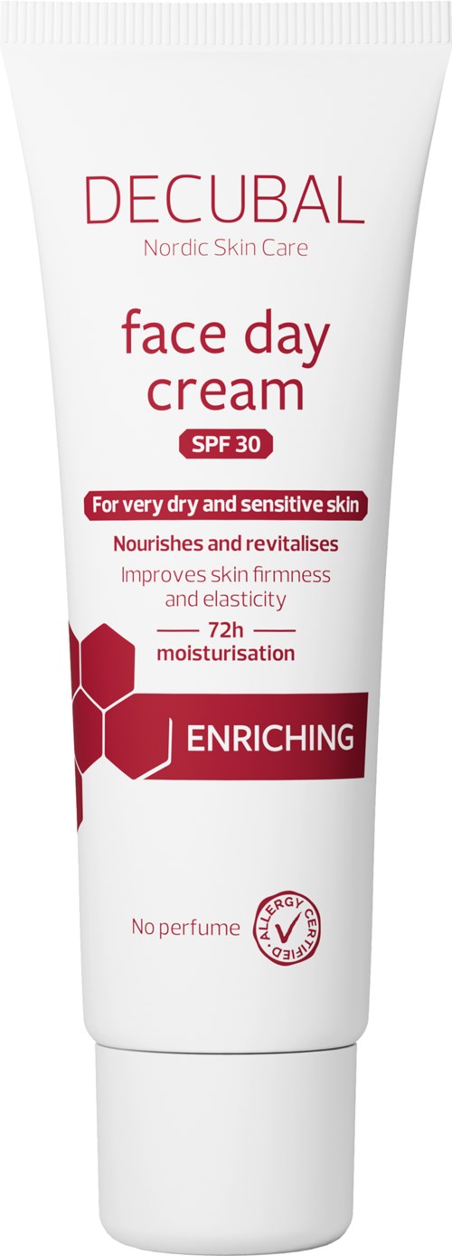 En vit tub med Decubal dagkräm för ansiktet med SPF 30, för torr hud, rikt på honungskomdesign.