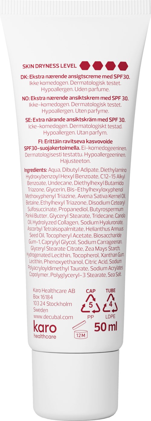 En vit tub med ansiktskräm märkt med SPF 30 och ingredienser som vatten, glycerin och konserveringsmedel. Vikt 50 ml.