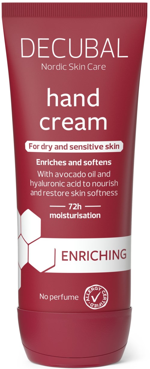Decubal hand cream för torr och känslig hud. Berikar och mjukar upp med avokadoolja och hyaluronsyra. Utan parfym.