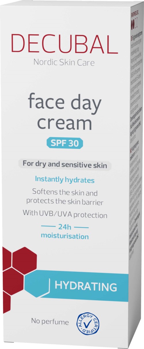En vit förpackning med röda och blå accenter som visar en face cream med SPF 30 för torr hud, kallad Decubal.