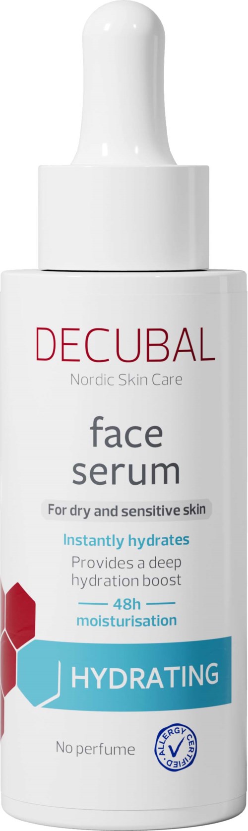 En vit flaska med en dropperlock märkt Decubal face serum, för hudens hydrering och fukt, utan parfym.