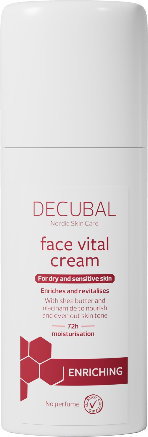 A white bottle labeled Decubal Face Vital Cream for dry, sensitive skin with no perfume and added nourishment.