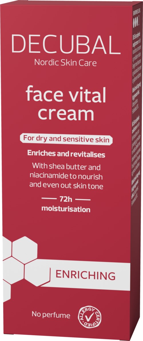 Red box with white text, promoting face vital cream for dry and sensitive skin, moistening for 72 hours, no perfume.