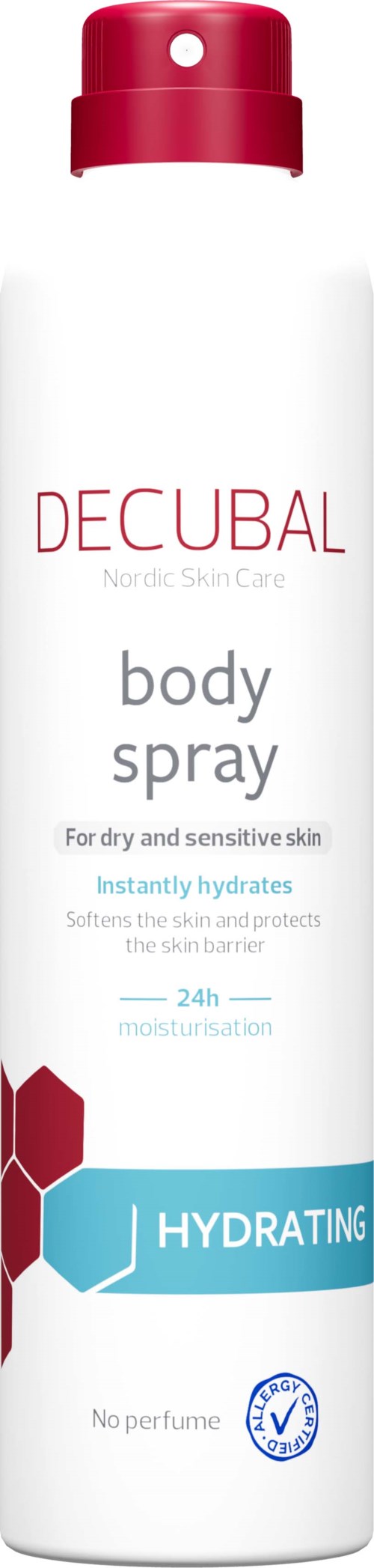 En vit flaska med röd lock, märkt Decubal body spray för torr hud, hydrering och utan parfym, med blå och röda hexagoner.