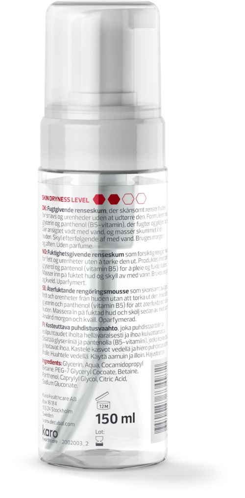 En vit sprayflaska med pump, märkt med röd och svart text, innehåller 150 ml vätska.