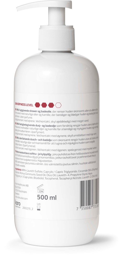En vit flaska med pump, märkt med röd och svart text, innehåller 500 ml. Det är troligtvis tvål eller lotion.
