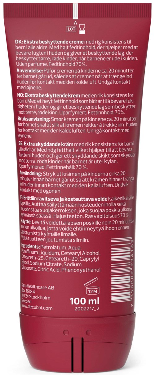 Röd tub med vit och svart text, innehållande kräm märkt som extra skydd, med en kapacitet på 100 ml.