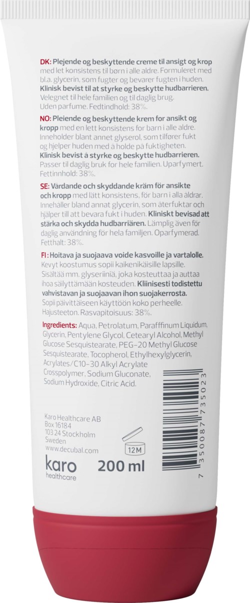 En 200 ml tub med hudvårds kräm med text på flera språk, märket 'karo' och en röd kork.