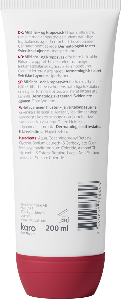 En vit tub med rosa och svart text, streckkod och en röd kapsyl. Innehåller produktuppgifter och ingredienser.