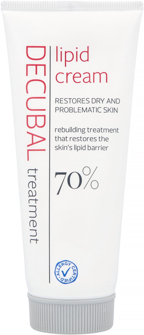 A white tube labeled 'Lipid Cream' with red and black text, showing it restores dry, problematic skin with 70% content.
