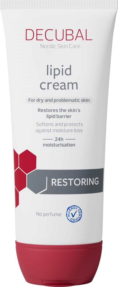 A white squeeze tube with red and gray accents, labeled Decubal lipid cream for dry, problematic skin. No perfume, moisturizing.