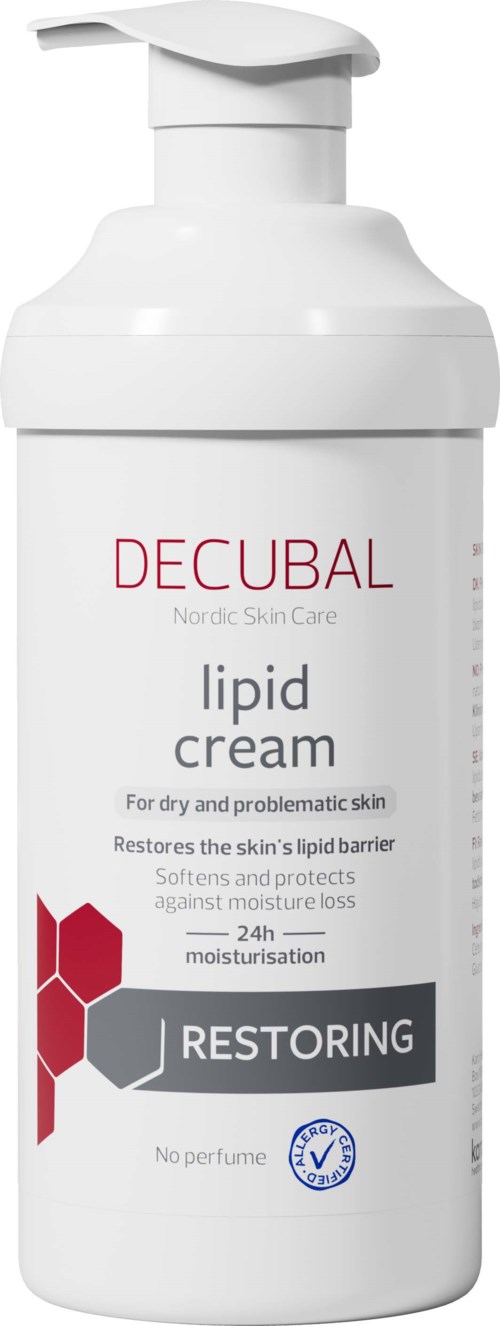 A white bottle with a pump labeled Decubal Lipid Cream for dry skin. It mentions restoring and moisturizing properties.
