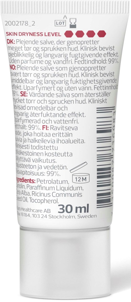 A white tube of skin lotion with red and black text, showing ingredients and usage instructions.