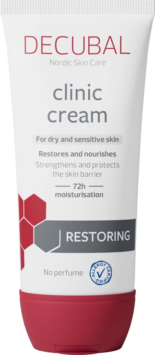 En vit och röd tub med Decubal Clinic Cream för torr och känslig hud, med text om återfuktning och hudskydd.