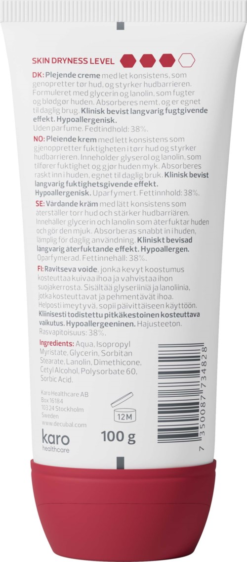 En hudvårdsprodukt i tub med röd kork, vit kropp och text på flera språk om ingredienser och användning.