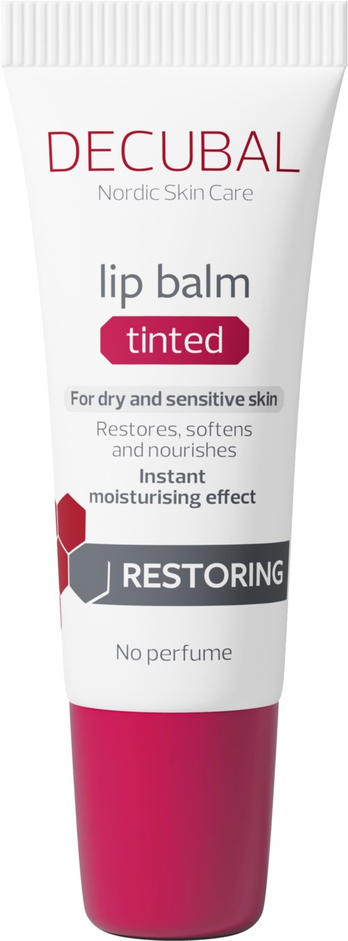 En vit och rosa tub med läppcerat för torr och känslig hud, med texten 'DECUBAL', 'Restoring' och 'Tinted'.