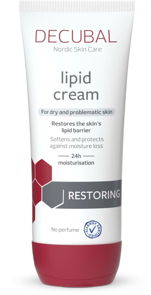 En tub med Decubal lipidkräm för torr hud, med fuktgivande och skyddande egenskaper, med vit och röd design.