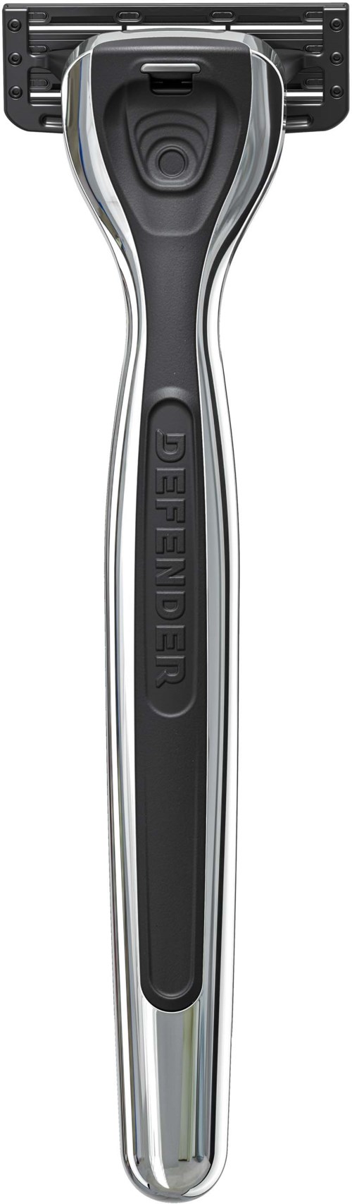 Rakhyvel med svart handtag och fyra blad, designad för rakning med bekväm grepp.