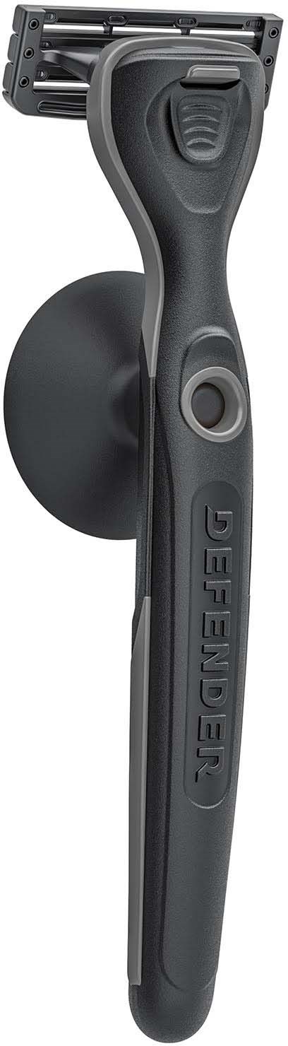 A black safety razor with a textured handle and a detachable razor blade head.