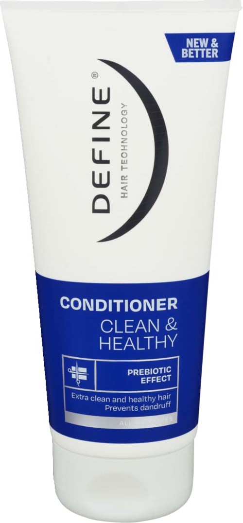 A white and blue tube labeled Define Hair Conditioner, promoting clean, healthy hair and preventing dandruff.