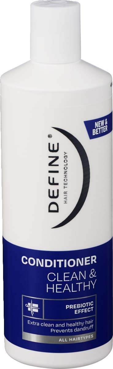 A white bottle of conditioner with blue label, mentioning it cleans, keeps hair healthy, and prevents dandruff.