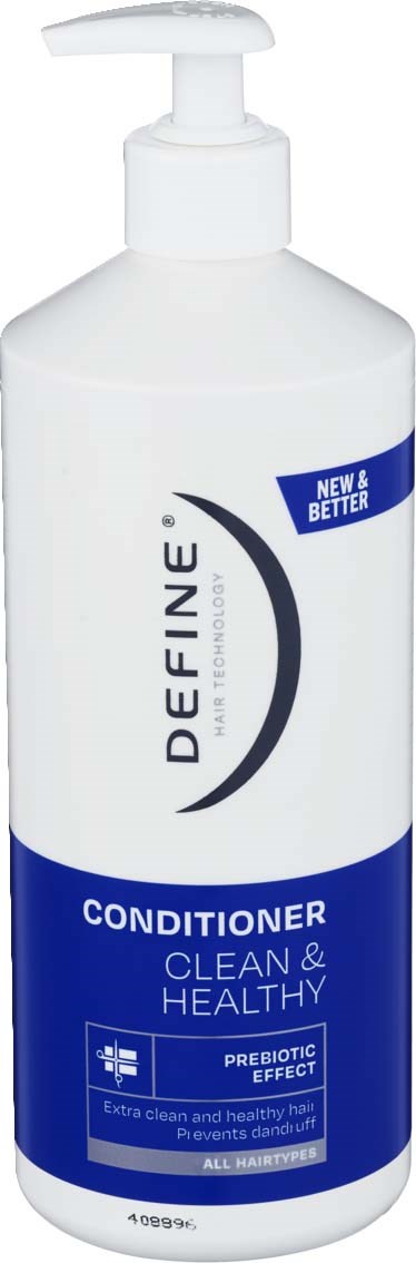 White bottle with a pump, labeled Define conditioner for clean, healthy hair, with probiotic effect.