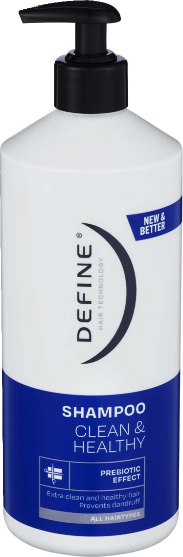 A white bottle with a black pump containing Define Shampoo for clean and healthy hair.