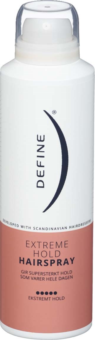 A white and pink spray can labeled Define Extreme Hold Hairspray, designed to keep hair in place all day.