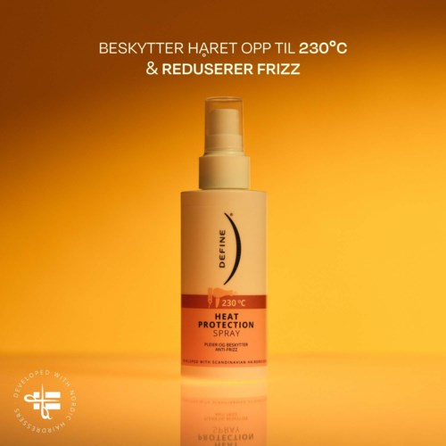A spray bottle offers heat protection up to 230°C and reduces frizz, shown against an orange background.