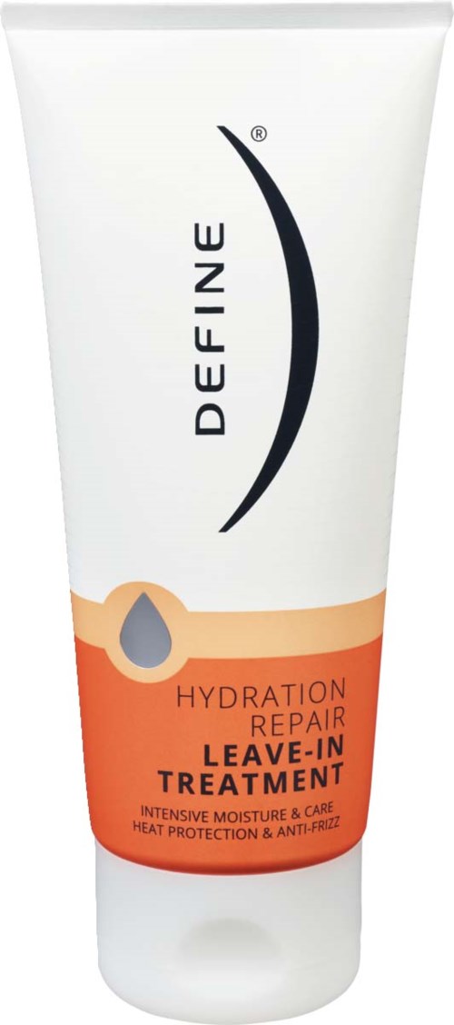 A white tube with orange and gray label, offers hydration repair leave-in treatment for hair care.