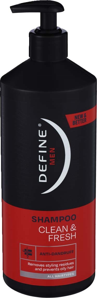 Black and red shampoo bottle labeled Define Men Shampoo Clean and Fresh, with anti-dandruff claim and pump top.