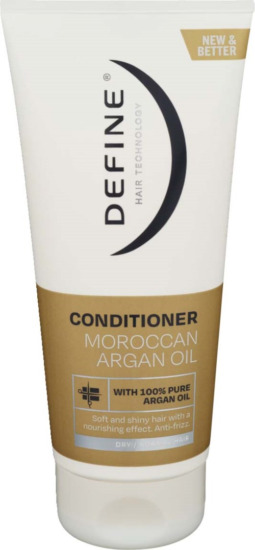 A white and brown tube of Moroccan argan oil conditioner from Define Hair Technology with nourishing and anti-frizz benefits.