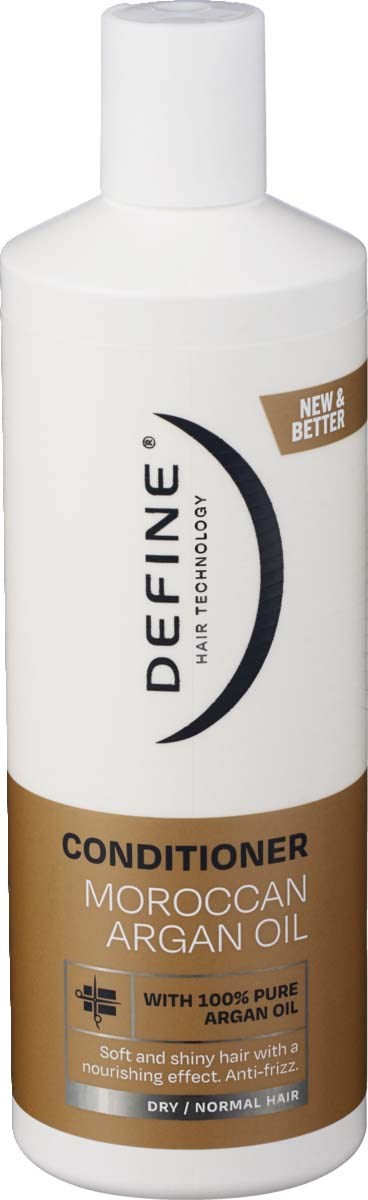A white bottle of Defin Hair Technology Moroccan Argan Oil conditioner for dry or normal hair.