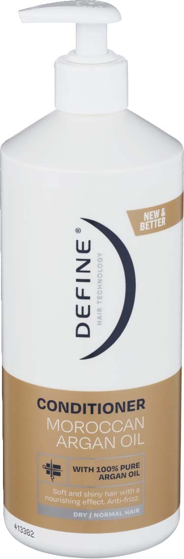 A white bottle with a pump, labeled Define Moroccan Argan Oil conditioner, for dry or normal hair.