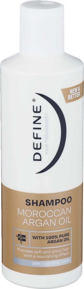 Een witte shampoo fles met bruin label, merk Define en vermeldt Marokkaanse Arganolie en voedende eigenschappen.